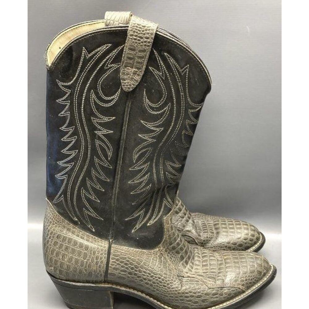 Y2k 90s Men's Black Caiman Alligator Skin Cowboy Boots Size 9.5 Gray Texas